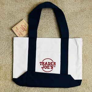 Trader Joe's White and Blue Canvas Mini Tote Bag